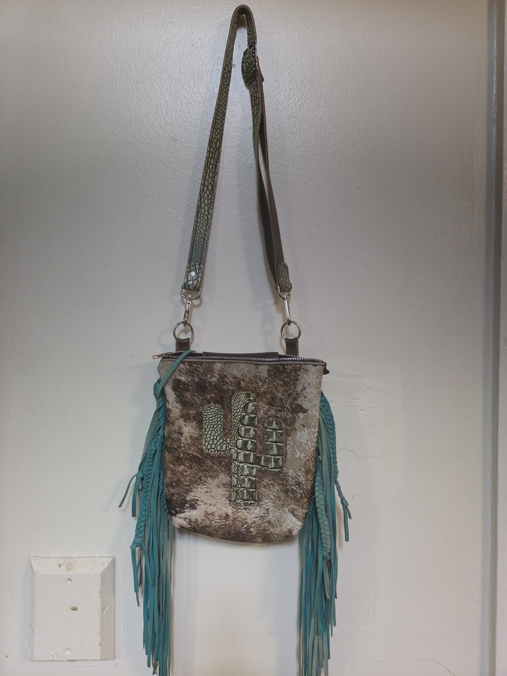 Turquoise Fringe Cactus Crossbody Bag Cactus Alligator Leather